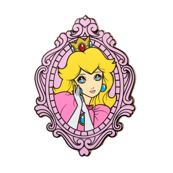 A beautiful hard enamel pin that features a Disney princess with sparkling eyes, a pink dress and a golden crown.