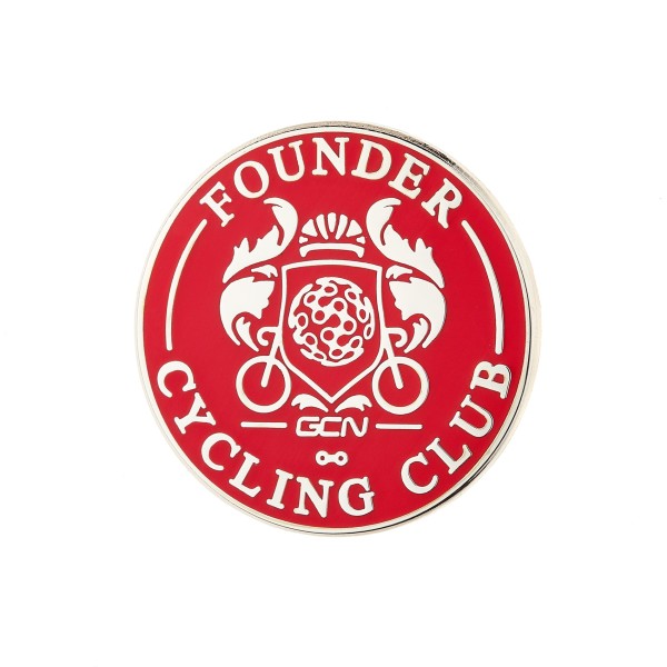 A red pin with a bicycle and the words founder cycling club around the edge.