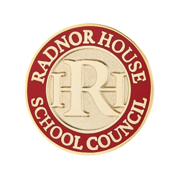 A circular badge that represents Randor School Council. The pin is scarlet red with gold plating.