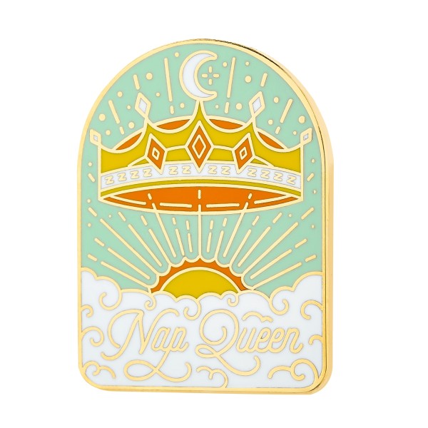A colourful hard enamel pin with a crown and the words 'Nap Queen' on the banner.
