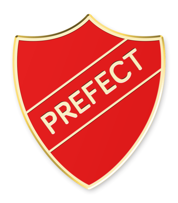A classic prefect badge. A gold plated shield houses a blood red enamel and the word
