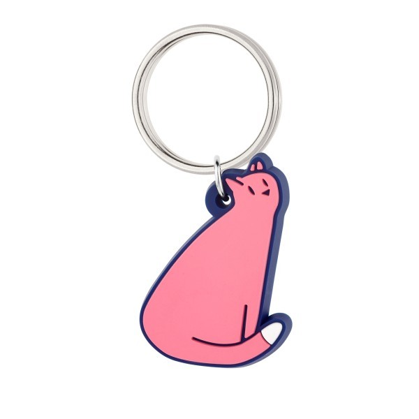 A small rubberised keyring of a pink cat with a white tail.