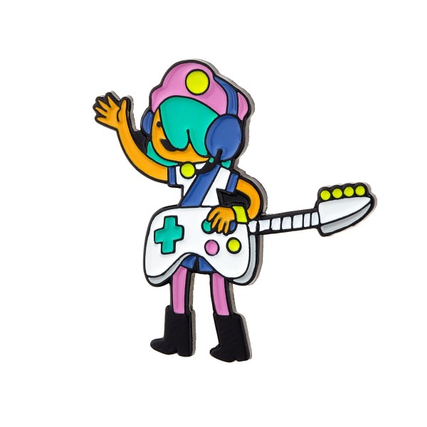 A soft enamel pin of a cartoon person playing a guitar that looks like a controller.