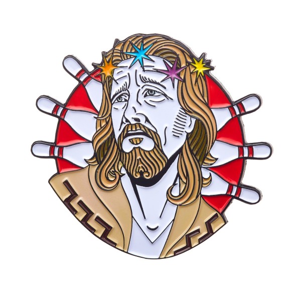 A badge featuring the big Lebowski with bowling pins around his head. He's wearing his trademark cardigan.