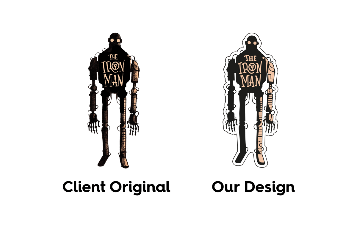Before and after of The Iron Man enamel pin design