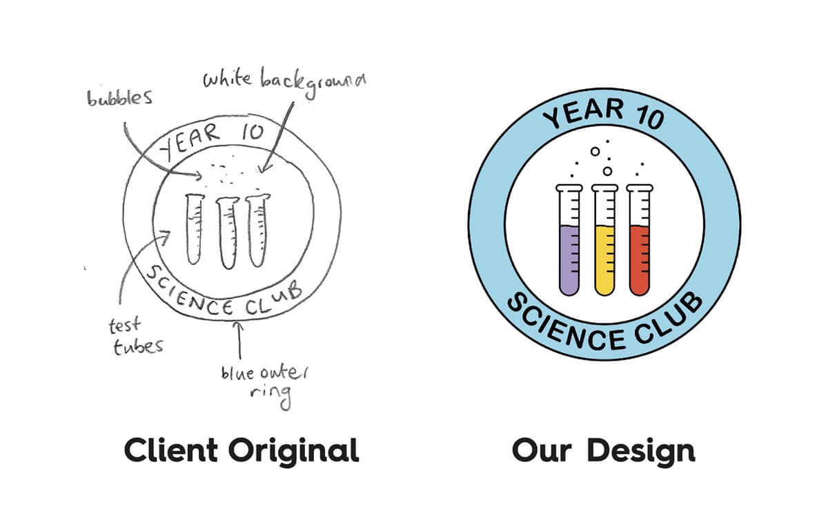 Before and after of a year 10 science club enamel pin badge design