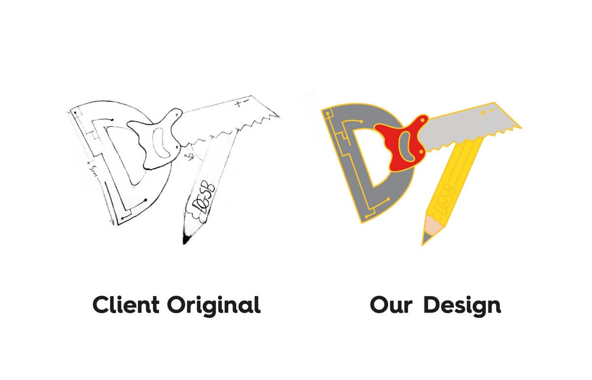 Before and after of a design technology themed enamel pin design