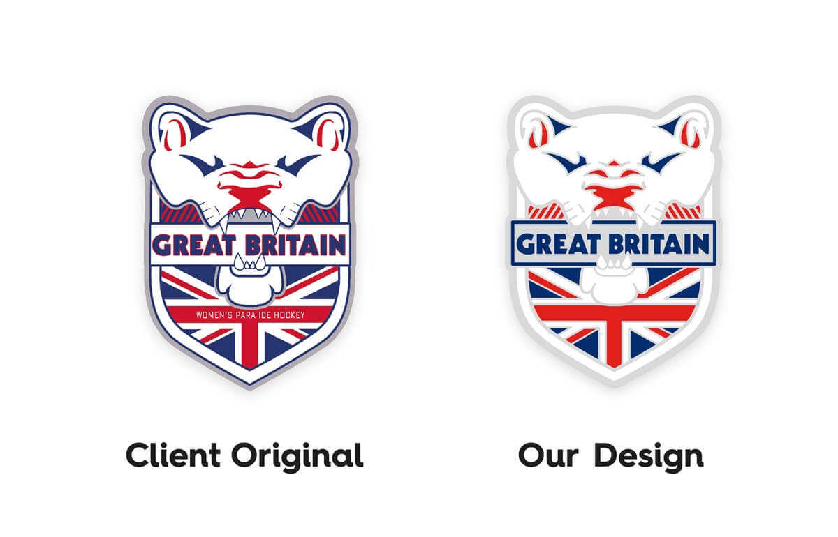 Before and after of a Women's Para Ice Hockey enamel pin badge design