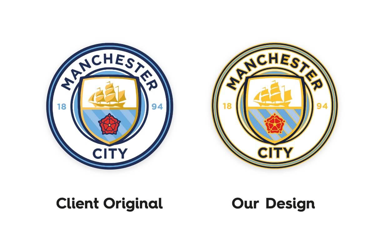 Before and after of a Manchester City enamel pin badge design