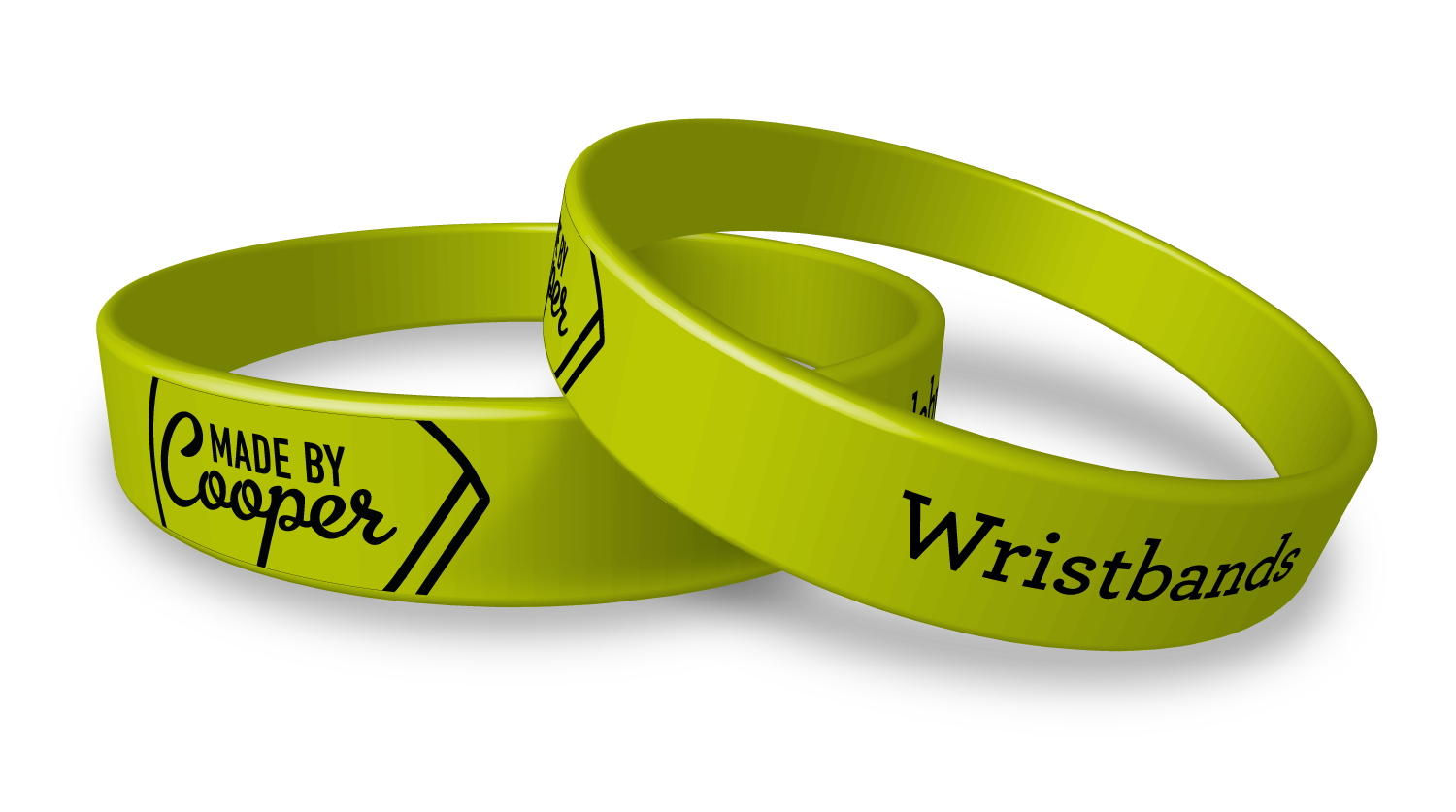 Two green silicone wristbands with the Made by Cooper logo and the word 