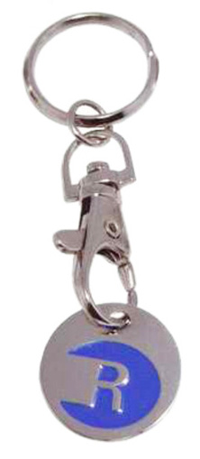 A trolley coin keyring with attachment and split ring.