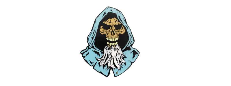 A Skeletor pin badge, yet Skeletor has somehow aged. He has a long white beard hanging down from his boney chin.