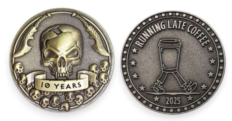 3D vs die-struck custom coins showing raised skull design and flat engraved coffee coin for comparison of depth and detail.