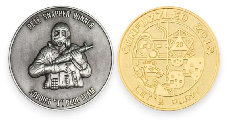 3D vs die-struck coins showing raised soldier design and flat engraved gaming coin, highlighting depth and surface detail differences.
