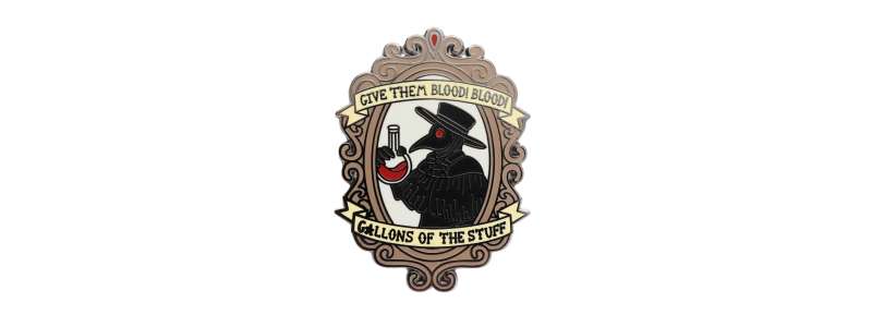 A Plague Doctor pin badge with a ornate shield and banner that says 