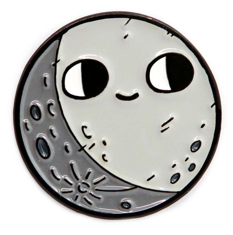 A little grey moon pin badge with big eyes and a teeny tiny smile. Aw.