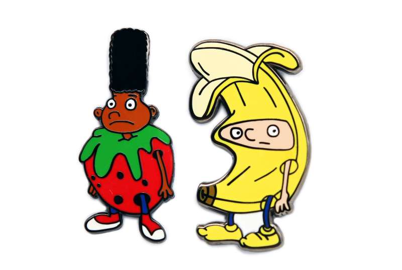 Hey Arnold pin badges with the boys in banana and strawberry costumes.