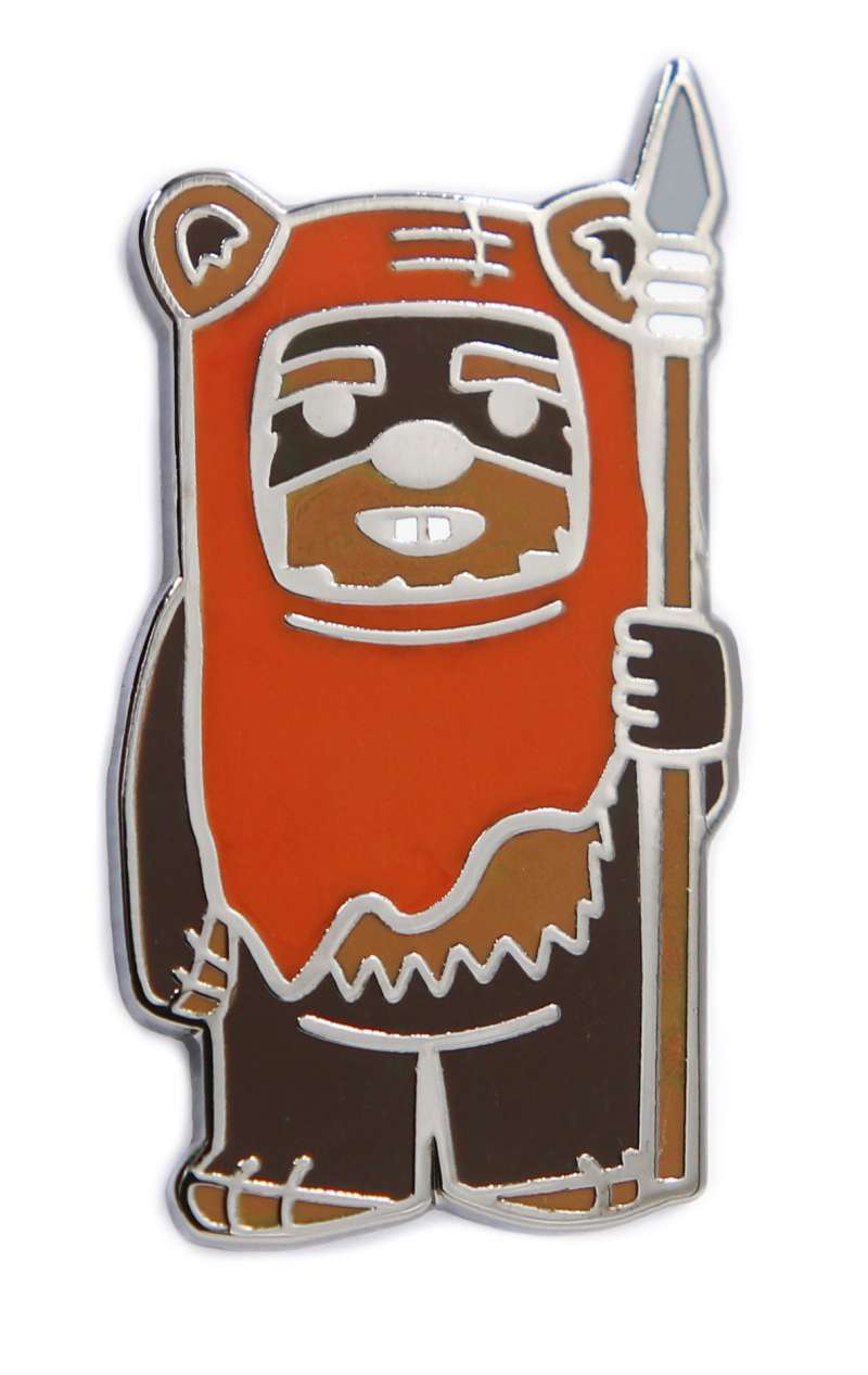Wicket the Ewok from Star Wars as a hard enamel pin badge. He's wearing a brown cowl, holding a spear, and has a gap-toothed grin.