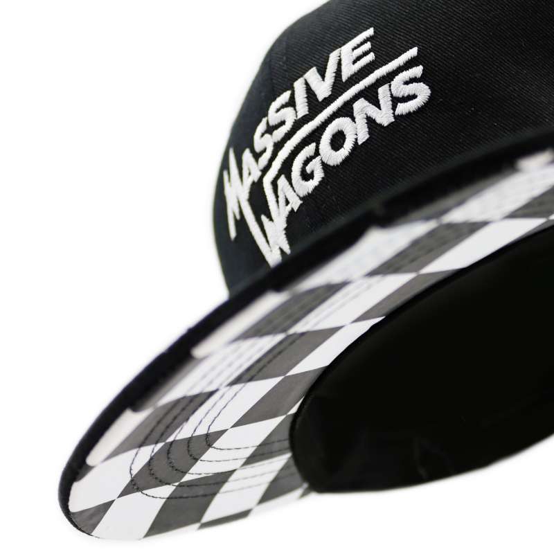 A black and white Massive Wagons custom snapback cap.