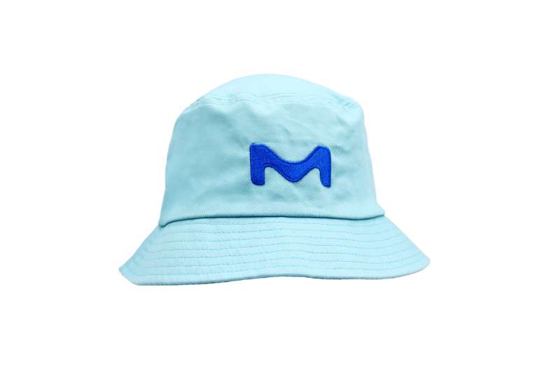 A pale blue bucket hat with a navy blue Merick business logo embroidered on the centre.