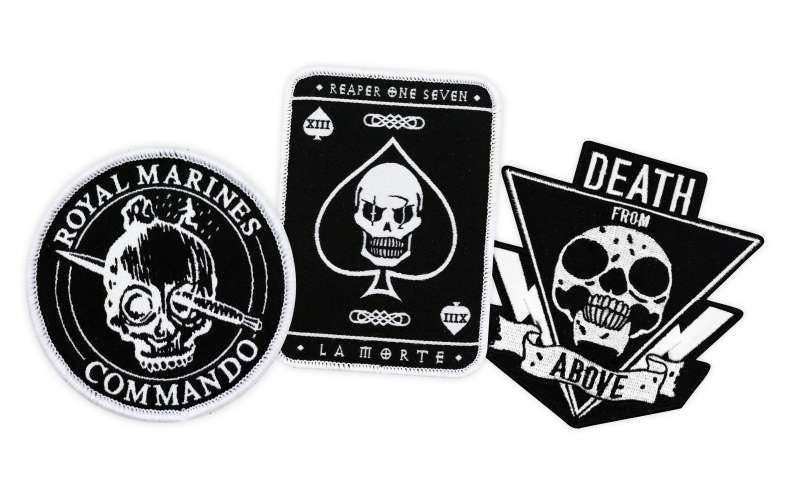 Three morale patches for the Royal Marine Commandos, Reaper One Seven, and Death from Above. All patches are black and white.