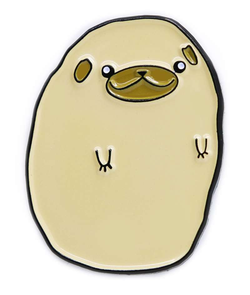 A creative soft enamel pin badge the combines a potato and a pug to create the ridiculously cute Pugtato.