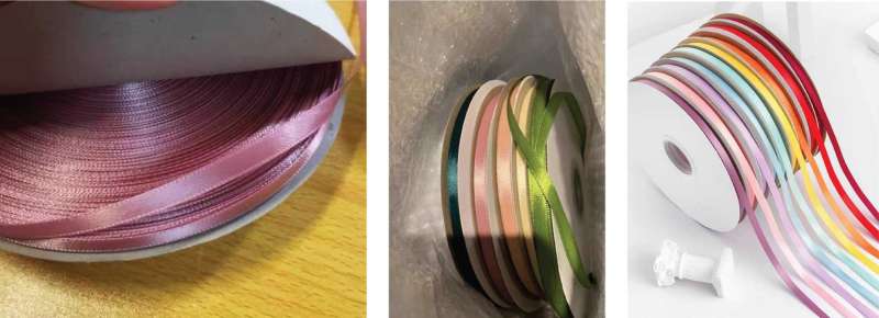 Three images of different coloured ribbons used to jazz up pin badge backing cards.
