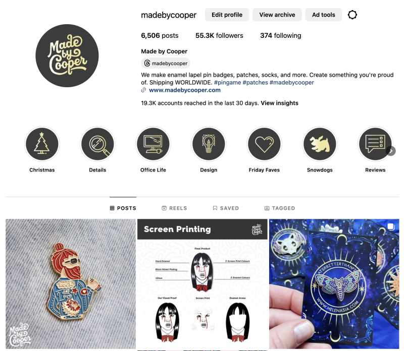 The Made by Cooper Instagram account showing pin badges and patches.