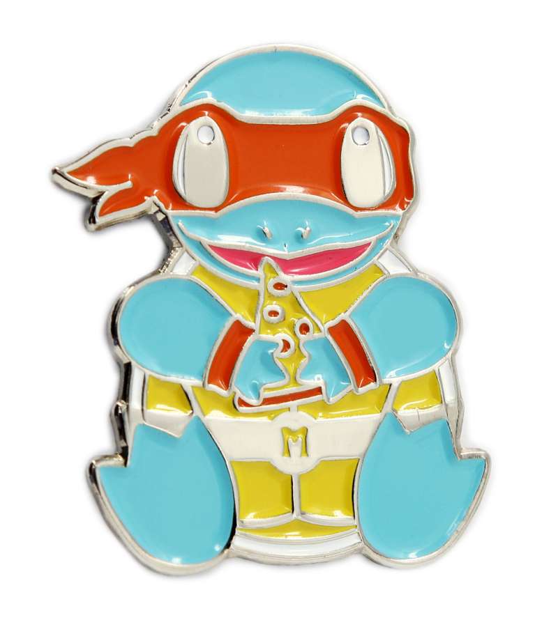 A pin badge that combines an adorable Pokemon, Squirtle, and the best Ninja Turtle, Mikey. He's eating a slice of pizza.