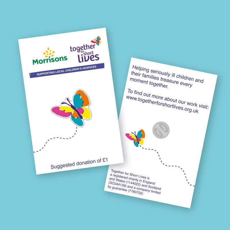 The Together for Short Lives butterfly pin badge on it's backing card.