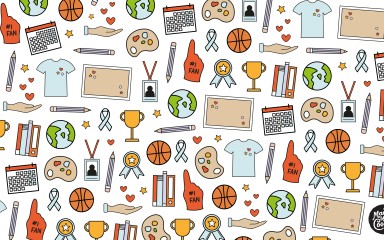 Lots of cartoon icons related to schools. Pencils, test tubes, globes. basketballs, books and trophies.
