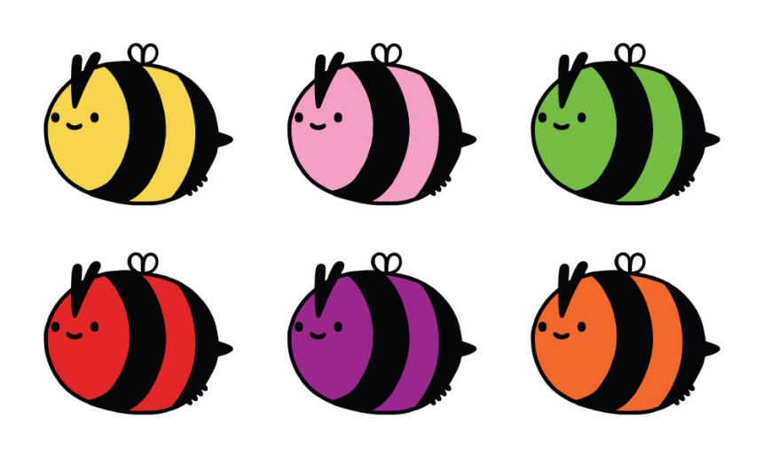 Six enamel pin badges of bees that are all different colours. Yellow, pink, green, red, purple, and orange.