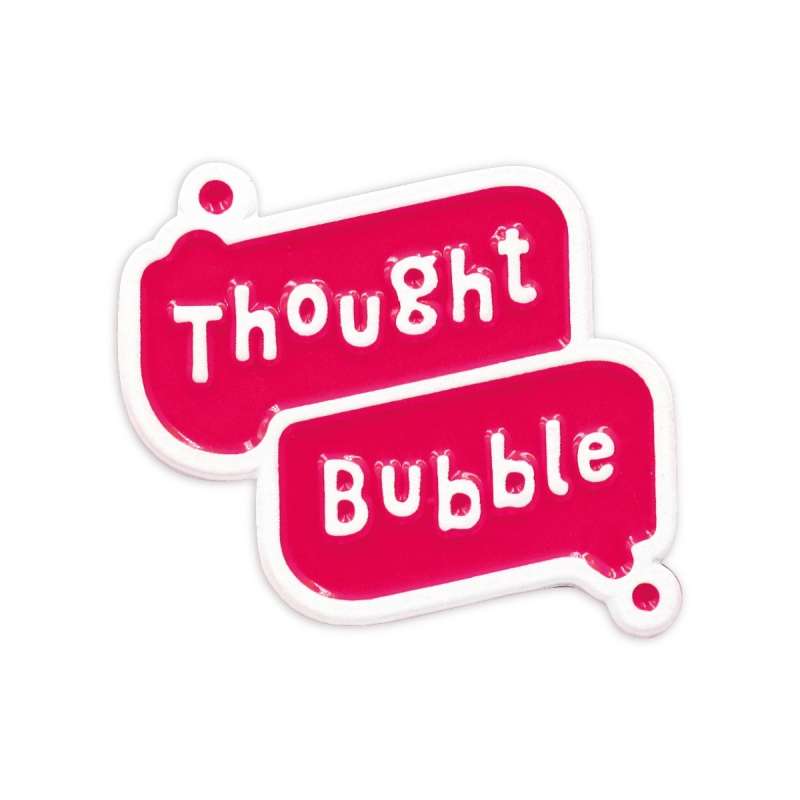 A Thought Bubble comic convention enamel pin with white plating.
