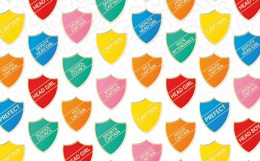 A collection of brightly colour school shield badges. All the same shield shape.
