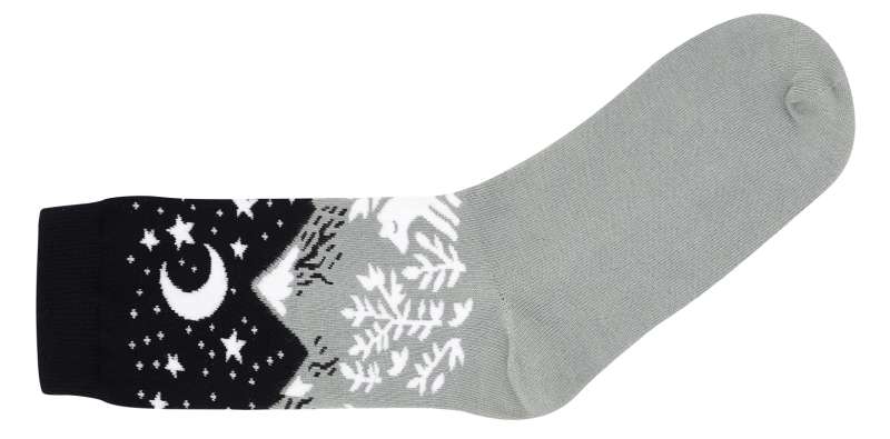 A pair of winter warmer custom socks featuring a snowy mountain top scene.