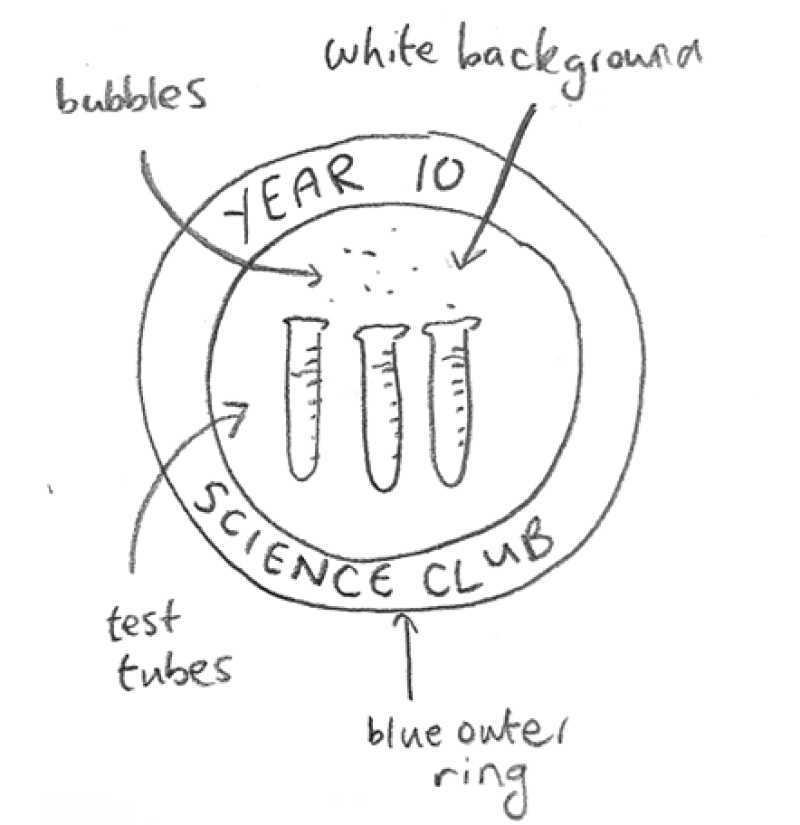 A crude sketch of a pin badge design. The sketch features three test tubes bubbling away with the word 