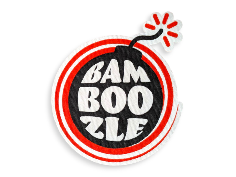 A bomb-shaped laser-cut patch featuring the logo of the band, Bamboozle.