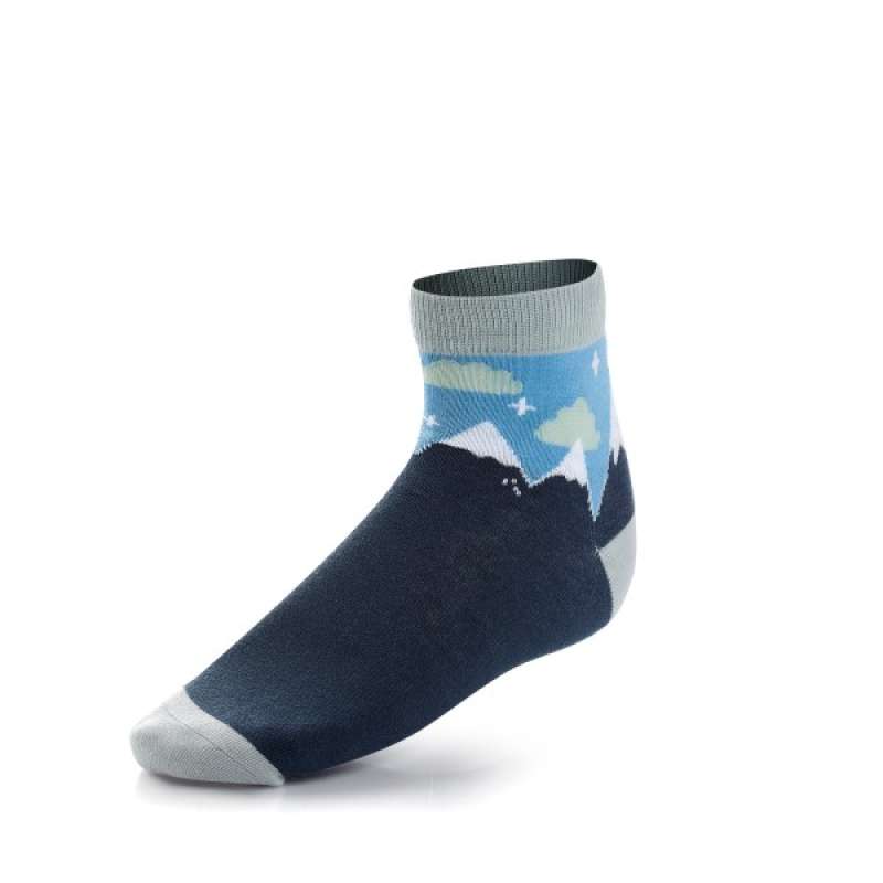 Anti slip grip socks in darl blue with a mountain range at the top.
