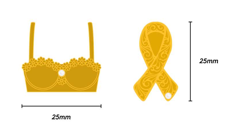 A digital drawing of a golden bra and a golden awareness ribbon that will be turned into charity pin badges.