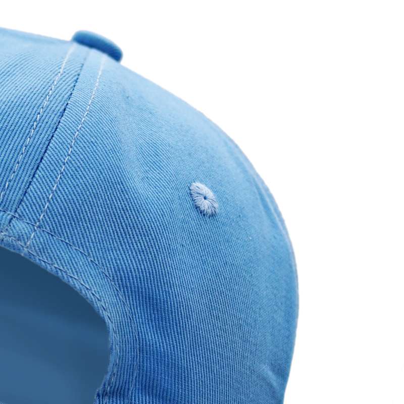 The back panel of a light blue baseball cap showcasing the light blue embroidered eyelets.