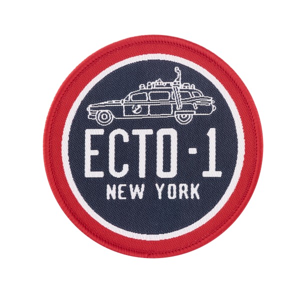 A Ghostbusters inspired woven patch with a pitch of Ecto-1 and the words New York on the bottom.