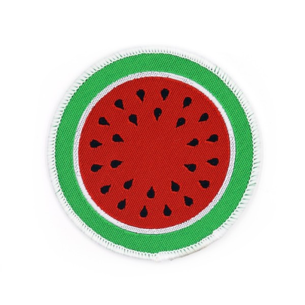 A basic woven watermelon patch design with green melon skin and red melon flesh.