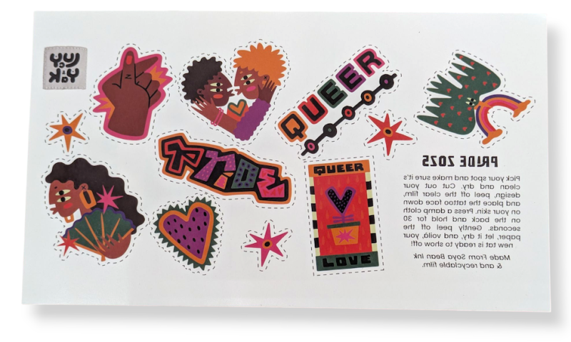 A sheet of pride event temporary tattoos featuring cartoon drawings of couples kissing, a love heart, and the word