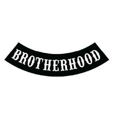 A black biker bottom rocker patch with white outer stitching and the word 