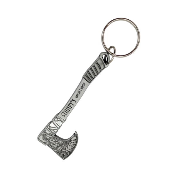 An upside down keyring bottle opener in the shape of an axe.