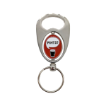 A silver bottle opener keyring with a spinning middle section that says