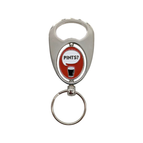 A silver bottle opener keyring with a spinning middle section that says