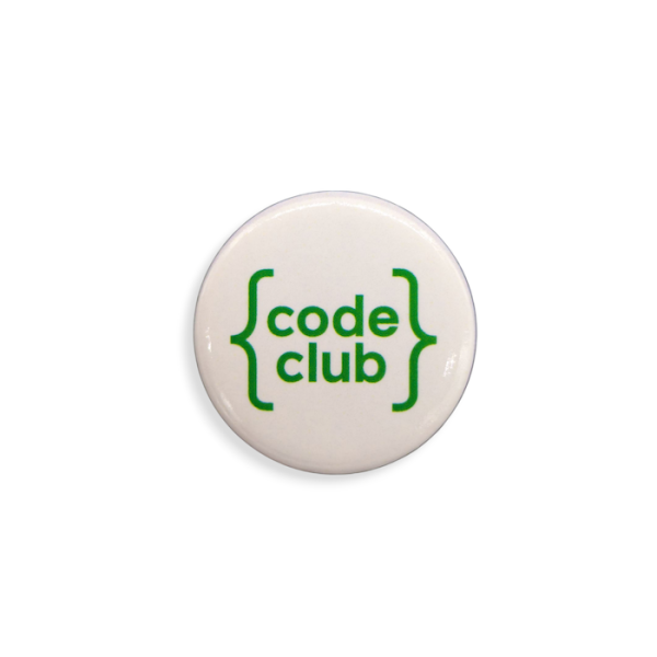 A white bespoke button badge with the words