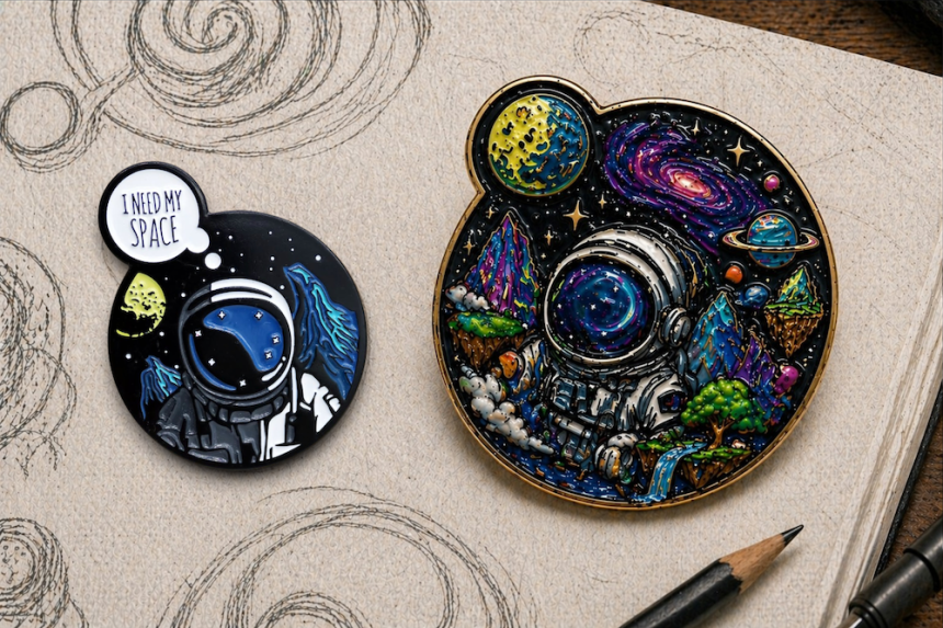 Astronaut enamel pin beside overly detailed cosmic pin showing difference between real badge design and unrealistic AI concept.