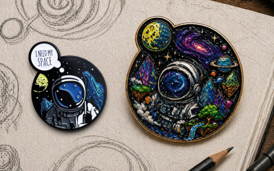 Astronaut enamel pin beside overly detailed cosmic pin showing difference between real badge design and unrealistic AI concept.